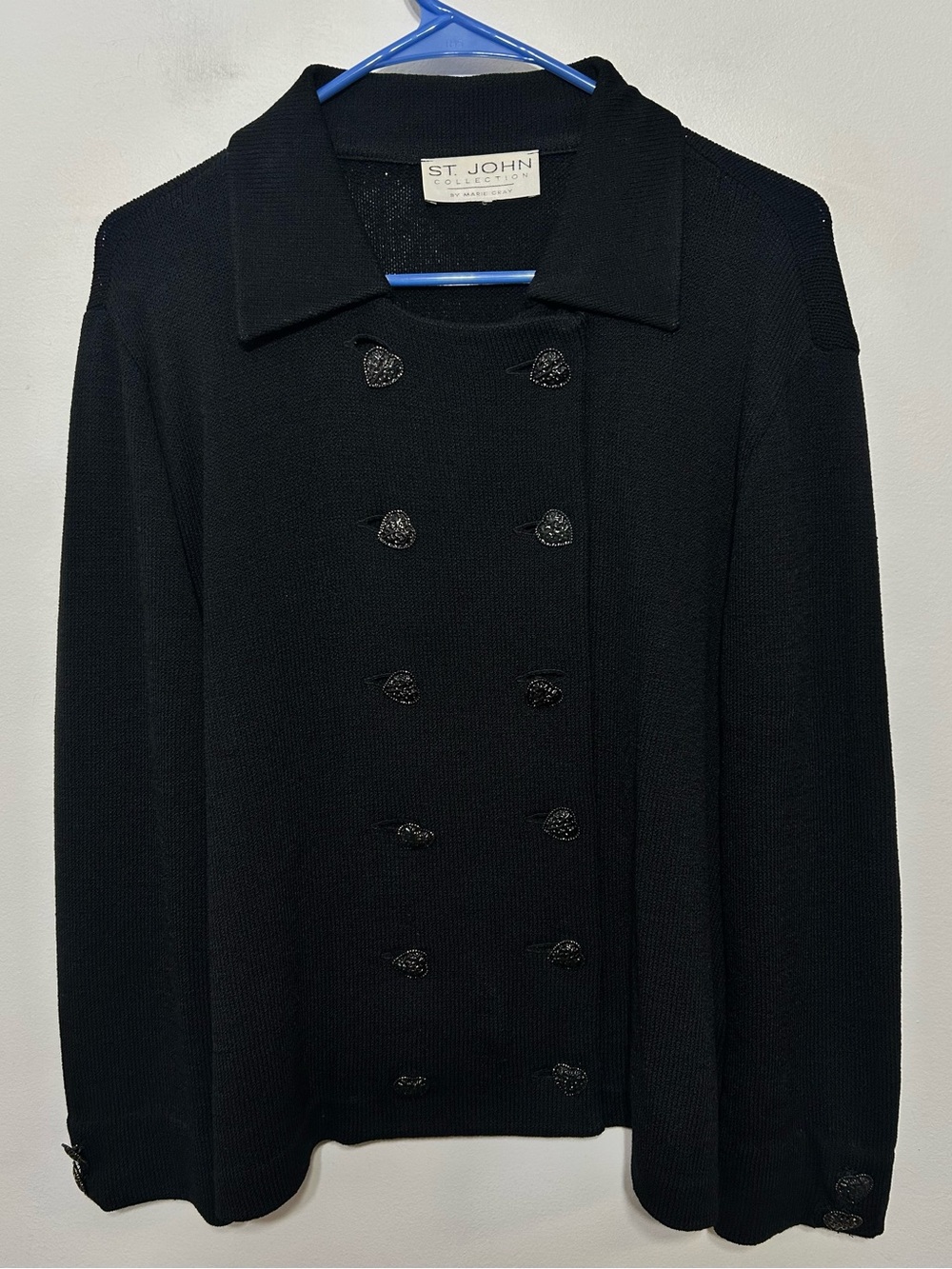 St. John Collection Marie Gray Double Breasted Cardigan Sweater Jacket Needs TLC